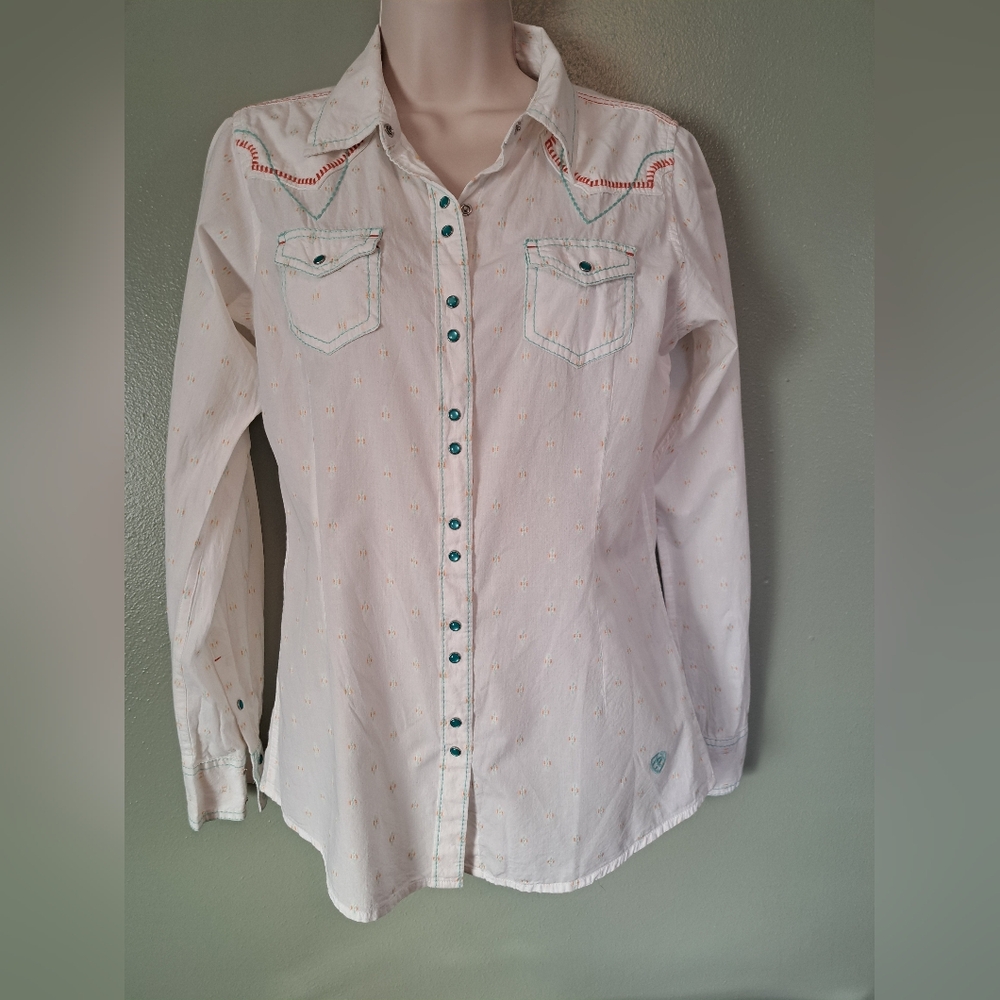 Embroidered Pearl Snap Shirt White small cotton.